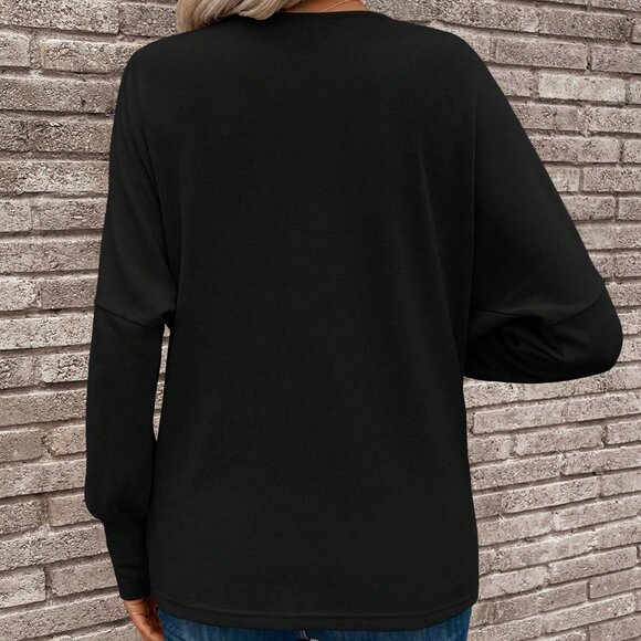 Black Casual Women's Draped Button Long Sleeve T-Shirt - Picture 2 of 8